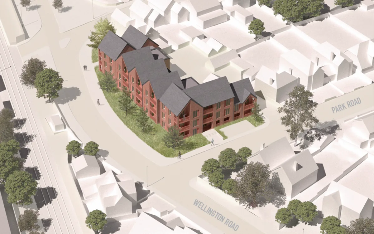 Architect's visual of the approved block at Wellington Road and Station Road, seen from above with Park Road to the right